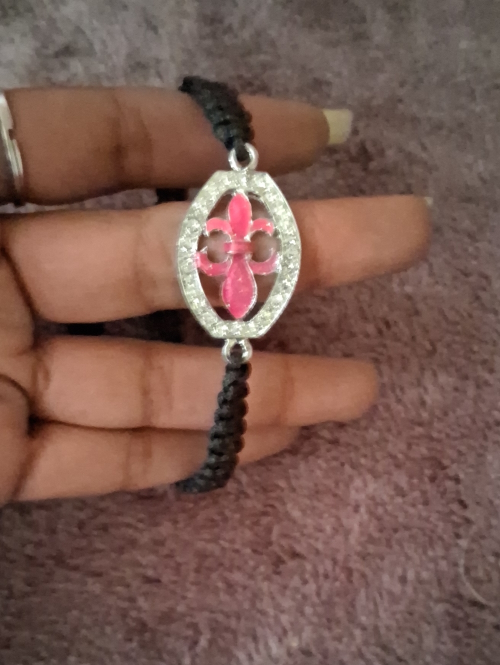 Silver Fleur-de-Lis Pink Accent Macrame Bracelet